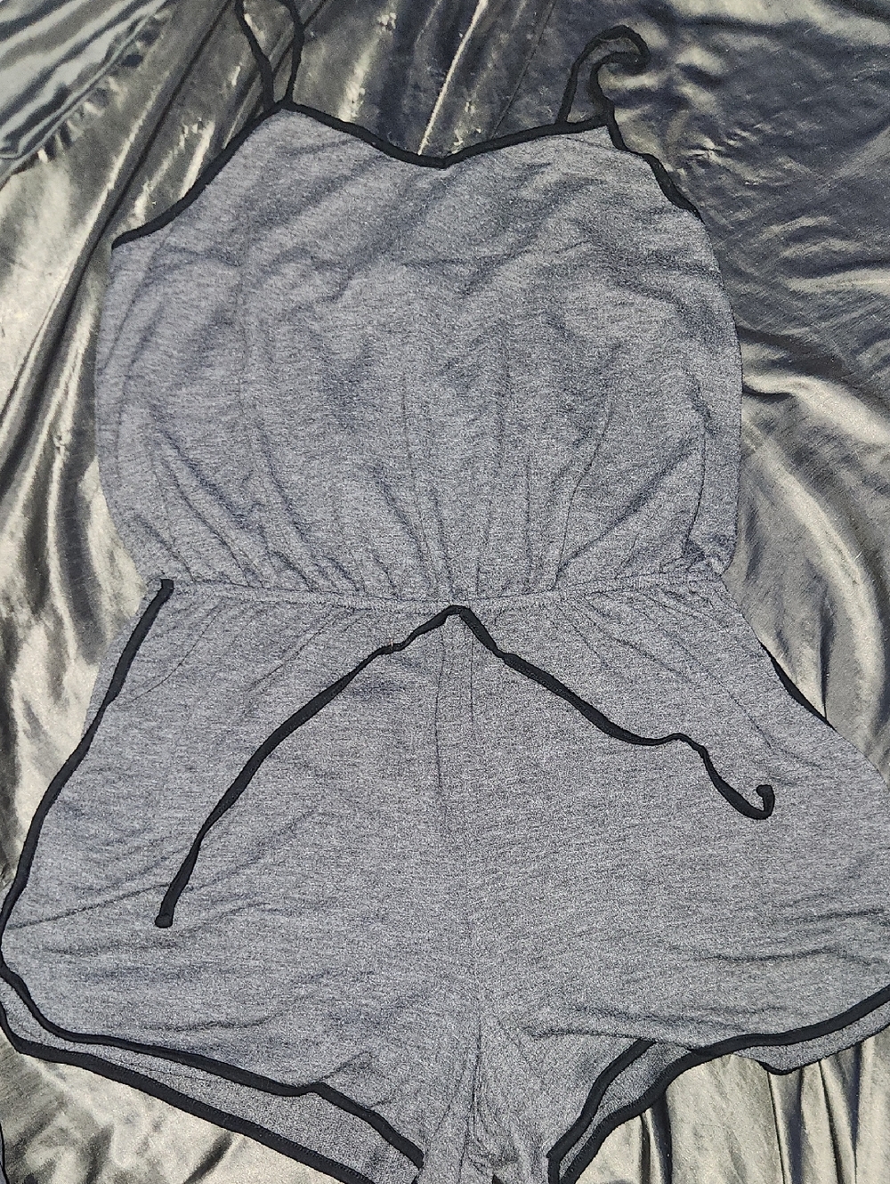 Stretchy Grey Romper with Black Trim & Strings